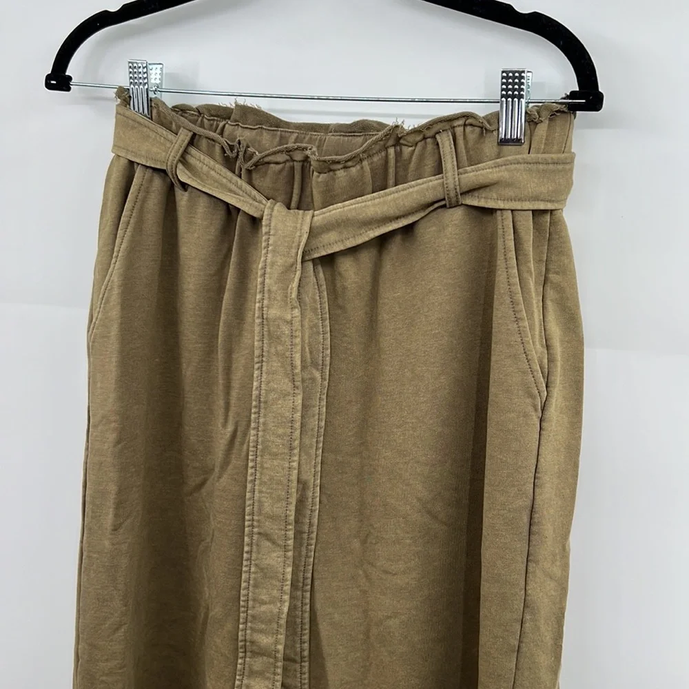 🆕Olive Green French Terry Paperbag Waist Tie High Waist Wide Leg Pants S,M & L - Picture 14 of 16